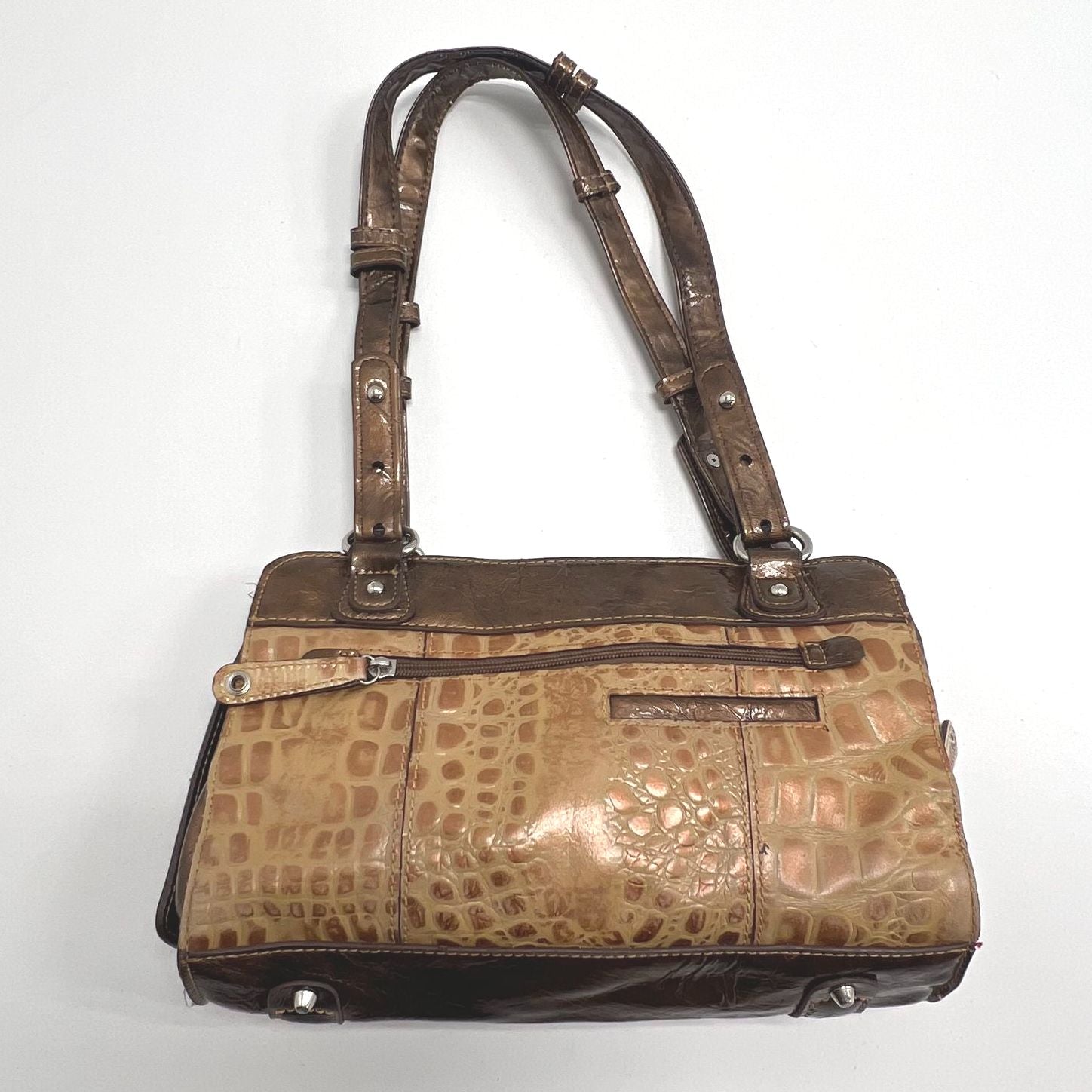 MC Bronze Brown Satchel Adjustable Straps Embellished Animalprint Silver Toned