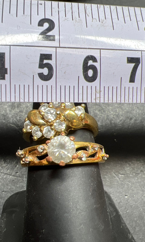 Vintage Lind GP Gold Plated Rhinestone Ring Lot of 2 Cluster Solitaire Sz 6.5