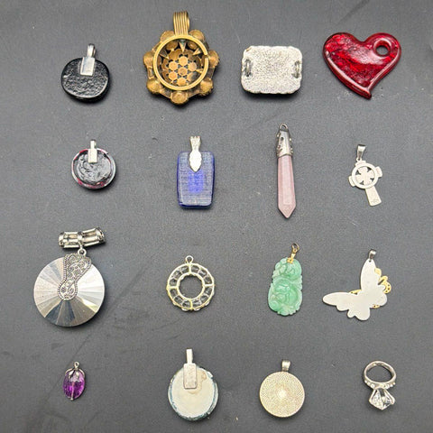 Vintage to Modern Costume Jewelry Pendant Lot 16 Pieces Glass Stone Heart Cross