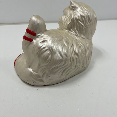 Vintage Ceramic Persian Cat Figurine Playing w/ Red Yarn Pearlescent Finish