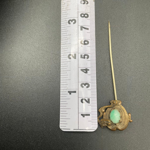 Vintage Art Nouveau Dragon Serpent Stick Pin Green Cabochon Stone Brass Tone