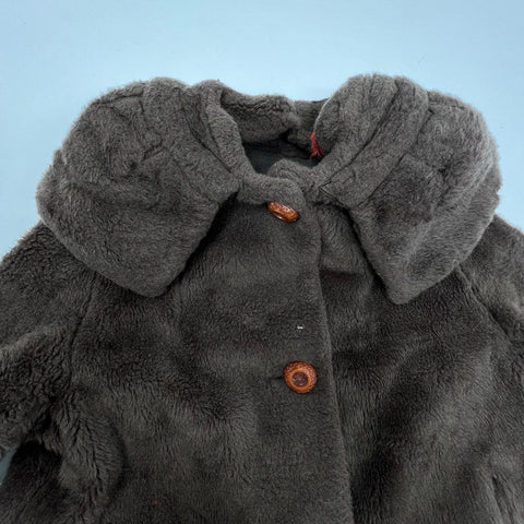 Vintage 70s Faux Fur Teddy Coat A-Line Jacket Large Collar Brown Sz S M