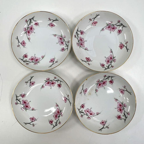 Diamond China Cherry Blossom 4 Pc Bowl Set Pink Floral Gold Trim 6" Vintage