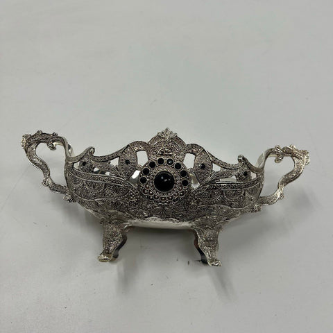 Vintage Ornate Filigree Silver Tone Footed Bowl Black Stone Centerpiece