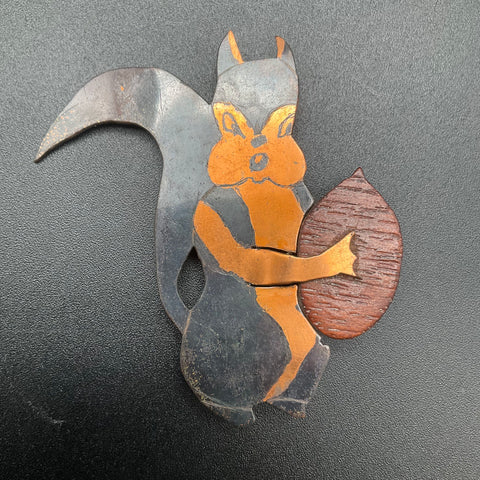 Vintage Handmade Folk Art Mixed Metal & Wood Squirrel Nut Brooch Pin