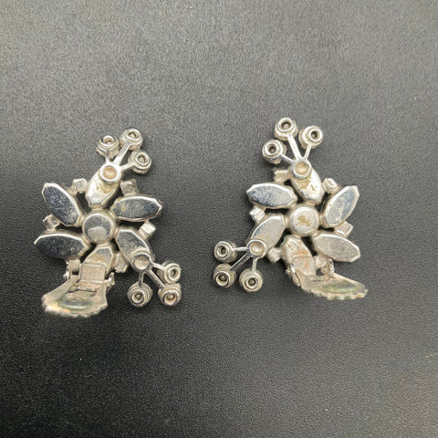 Vintage Weiss Silver Tone Blue Rhinestone Spray Clip On Earrings