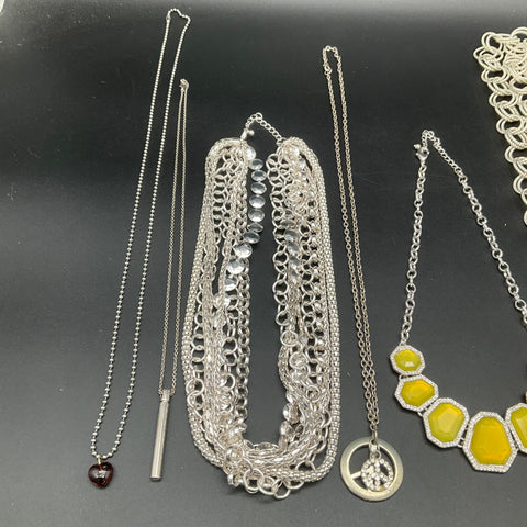 Fashion Costume Jewelry Lot of 8 Necklaces Silver Tone Yellow Bib Peace Sign