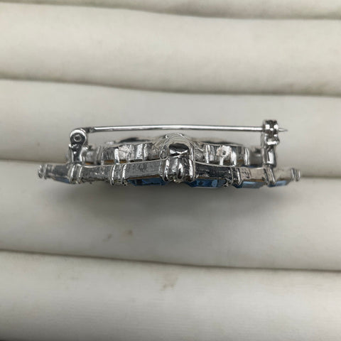 Vintage Bellini Silver Tone Blue Clear Rhinestone Geometric Lozenge Brooch 2"