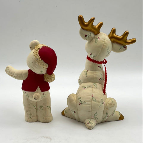 Vintage Ceramic Christmas Figurine Lot Deer and Bear Hand-Painted 2 Pieces