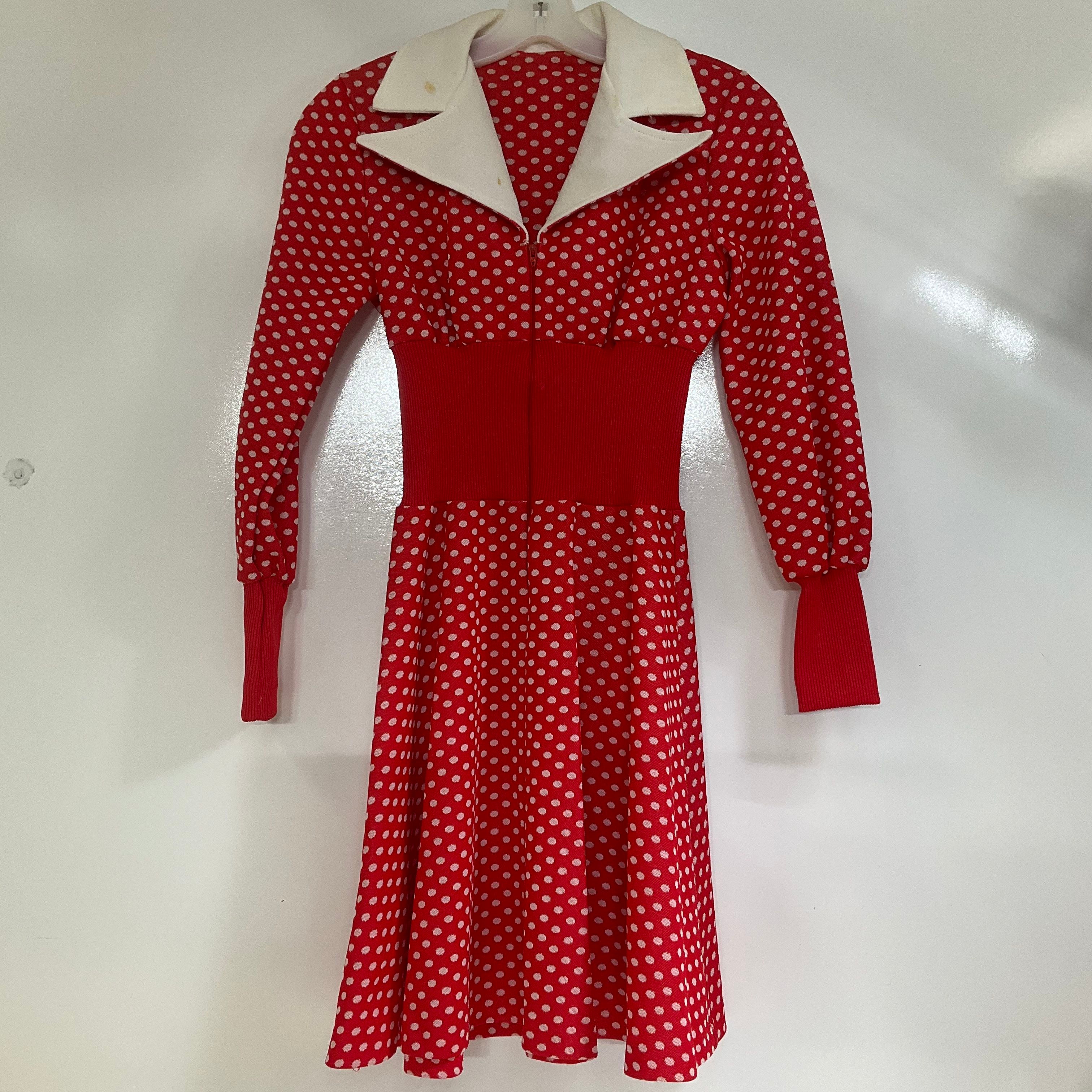 Vintage 1970s Dress Lot 2 Red Polka Dot Dagger Collar & Yellow Maxi Dresses