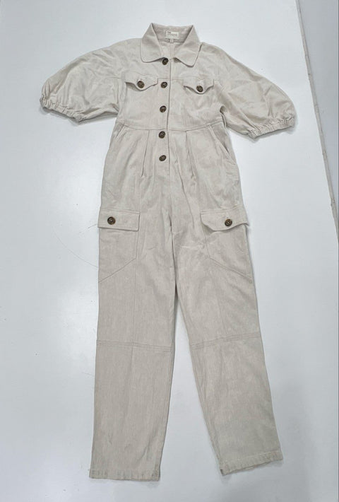 Divine Heritage Women's Beige Linen Blend Cargo Puff Sleeve Jumpsuit Sz L
