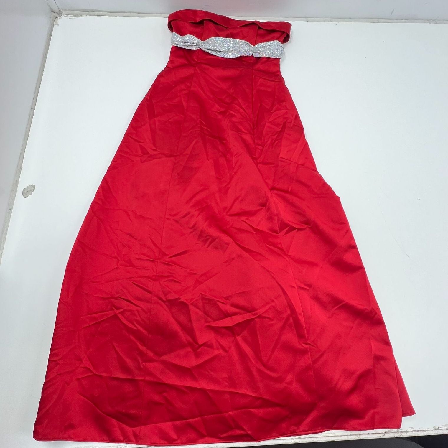Vintage Y2K Urban Girl Nites Red Satin Sequin Strapless Gown Dress Prom Size