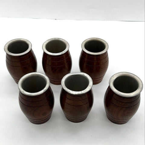 Vintage Barrel Wood Cups with Metal Liners Set of 6 Turned Wood Tumblers