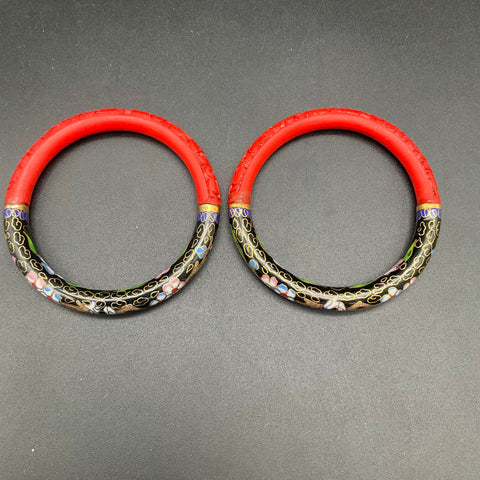 Vintage Cloisonne & Cinnabar Style Carved Red Bangle Bracelet Jewelry Lot 2pc