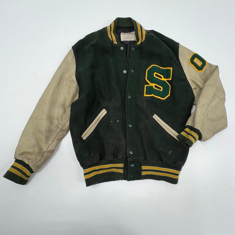 Vintage 90s DeLong Wool Leather Sleeve Varsity Letterman Jacket USA Made Sz XL