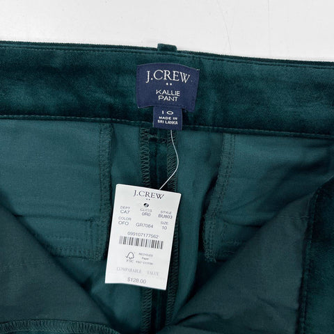 J. Crew Women's Kallie Pant Dark Green Velvet High Rise Straight Leg Size 10 NWT