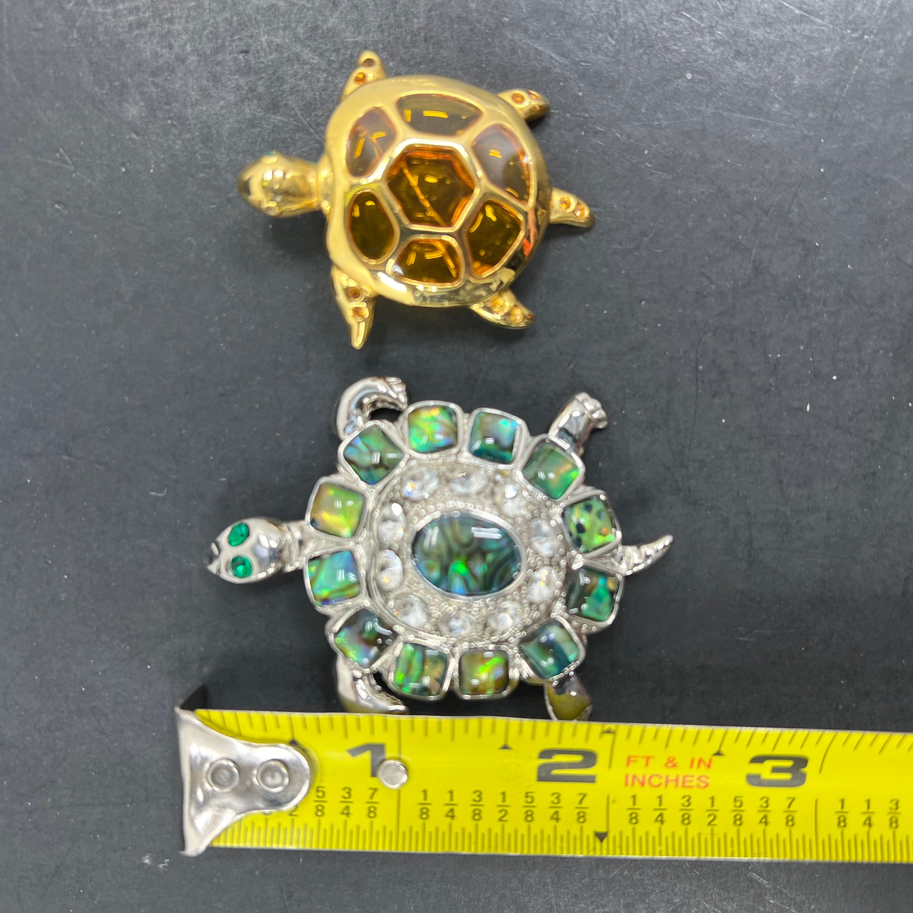 Lot of 2 Turtle Brooches. Bejeweled Silver and Gold Tone