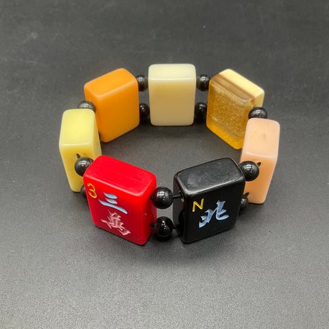 Vintage Retro Chunky Multicolored Plastic Lucite Mahjong Tile Beaded Bracelet 7"