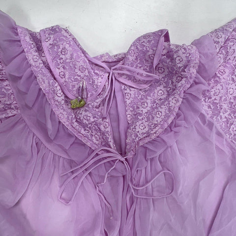 Vintage 70s Lavender Lace Nylon Peignoir Robe ILGWU Made in USA Sz M