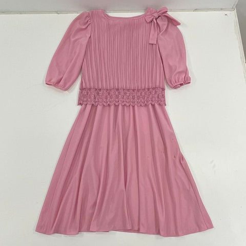 Vintage 70s Good Times Pink Pleated Bodice Bow Midi Dress Women's Size 14