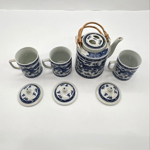 Vintage Chinese Blue & White Porcelain Dragon Tea Set Teapot 3 Lidded Mugs 8pc