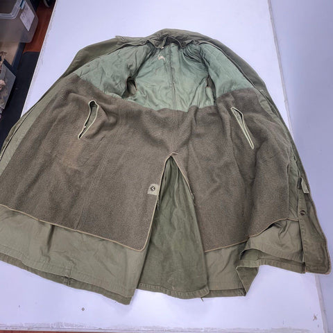 Vintage Military Issue OD Green Trench Coat Men's Sateen Wool Lined Large Long