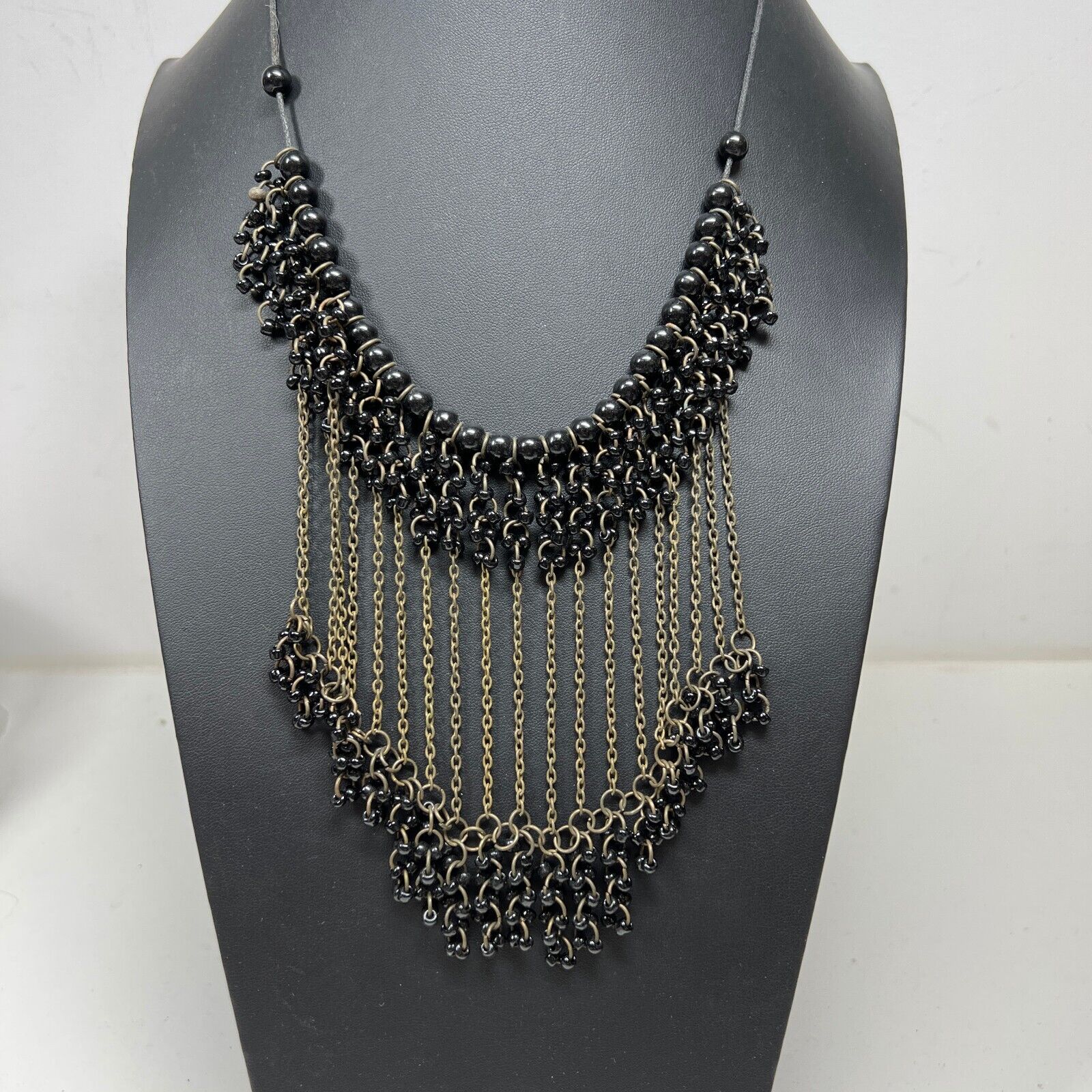 Gold Tone Chain Costume Jewelry Black Bead Collar Necklace