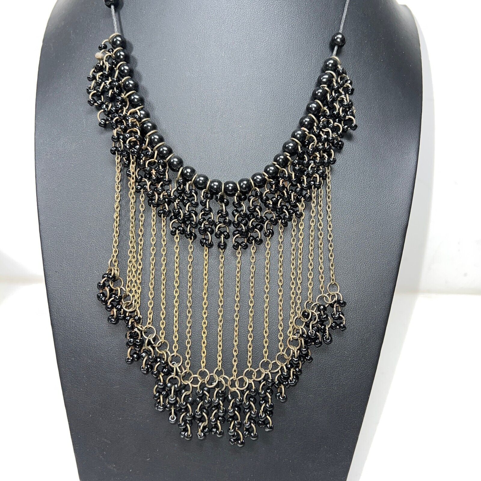 Gold Tone Chain Costume Jewelry Black Bead Collar Necklace