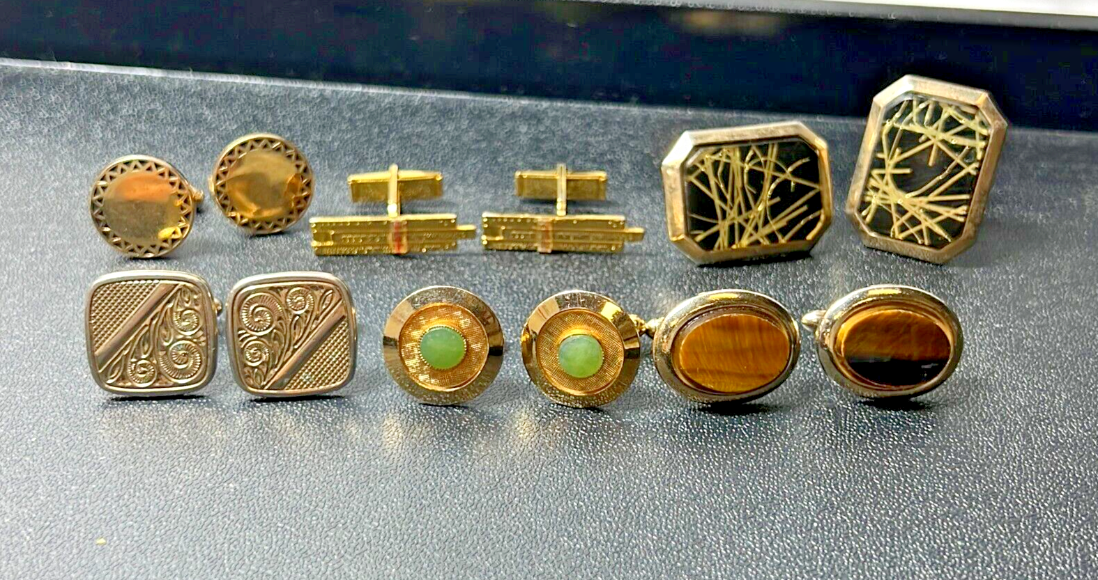 Lot Of 6 Pairs Costume Gold Tone Slide Ruler Round Oval Textured Cufflinks