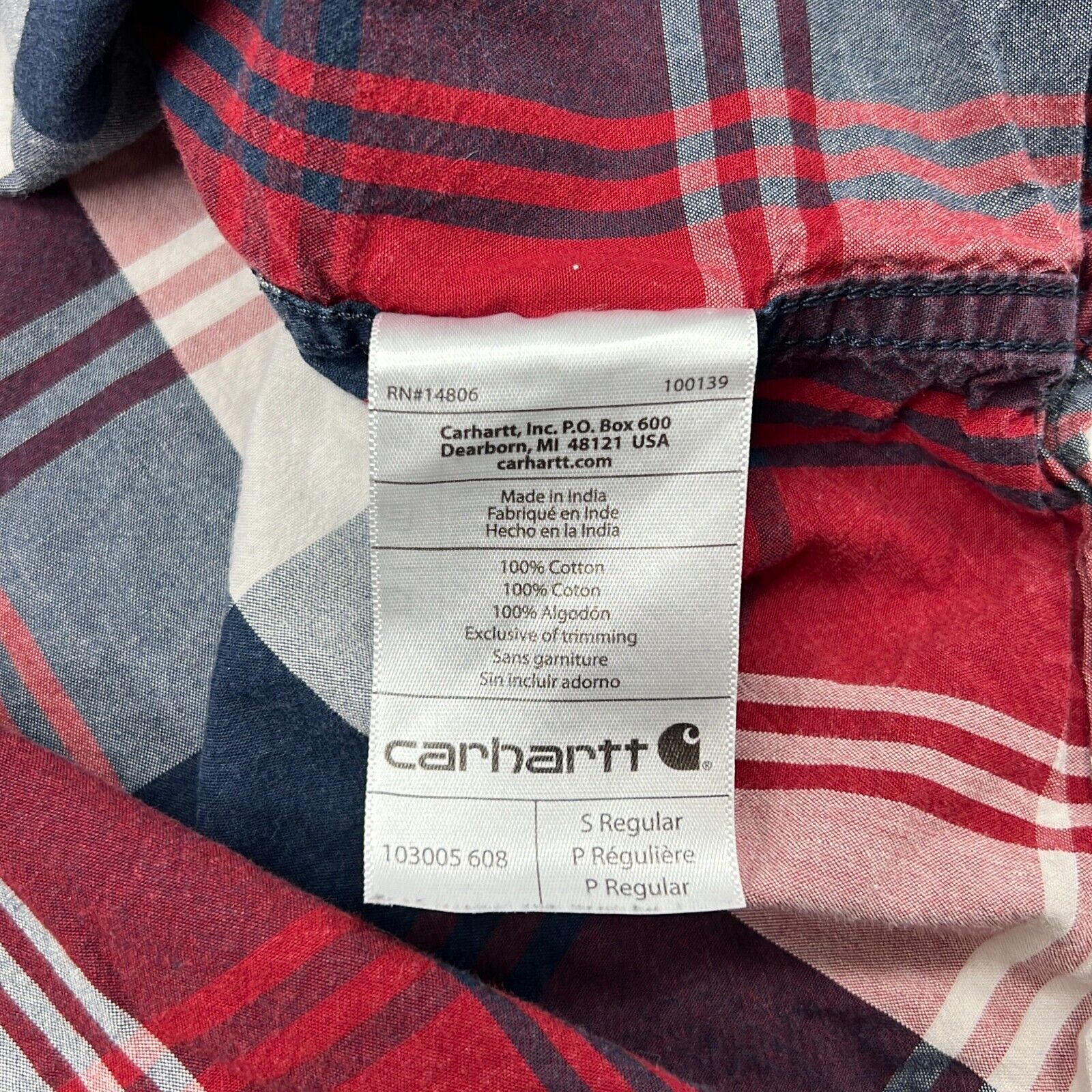 Carhartt Red White Blue Plaid Cotton Short Sleeve Button-Up Shirt Size Small