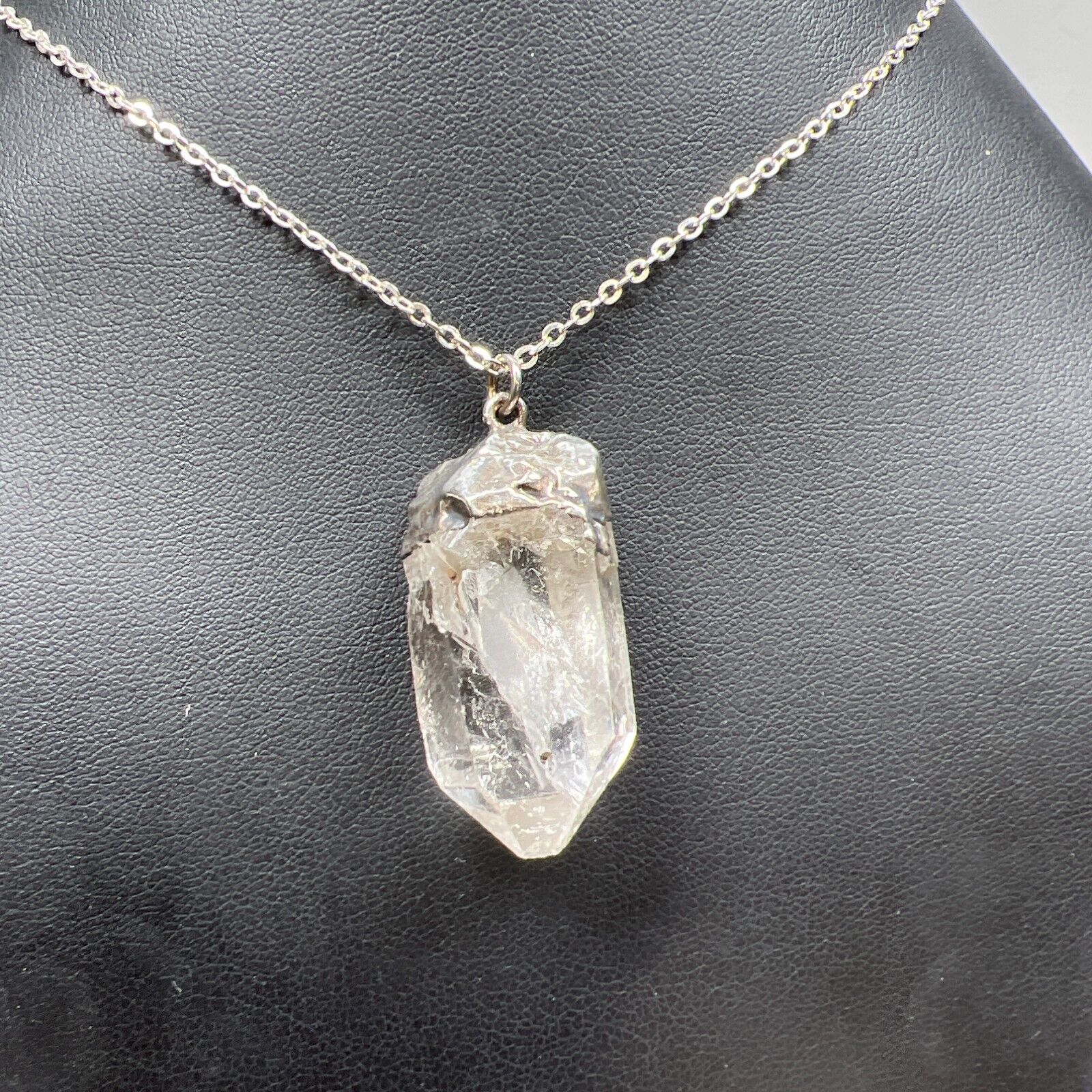 Silver Tone Clear Crystal Pendant Link Chain Necklace