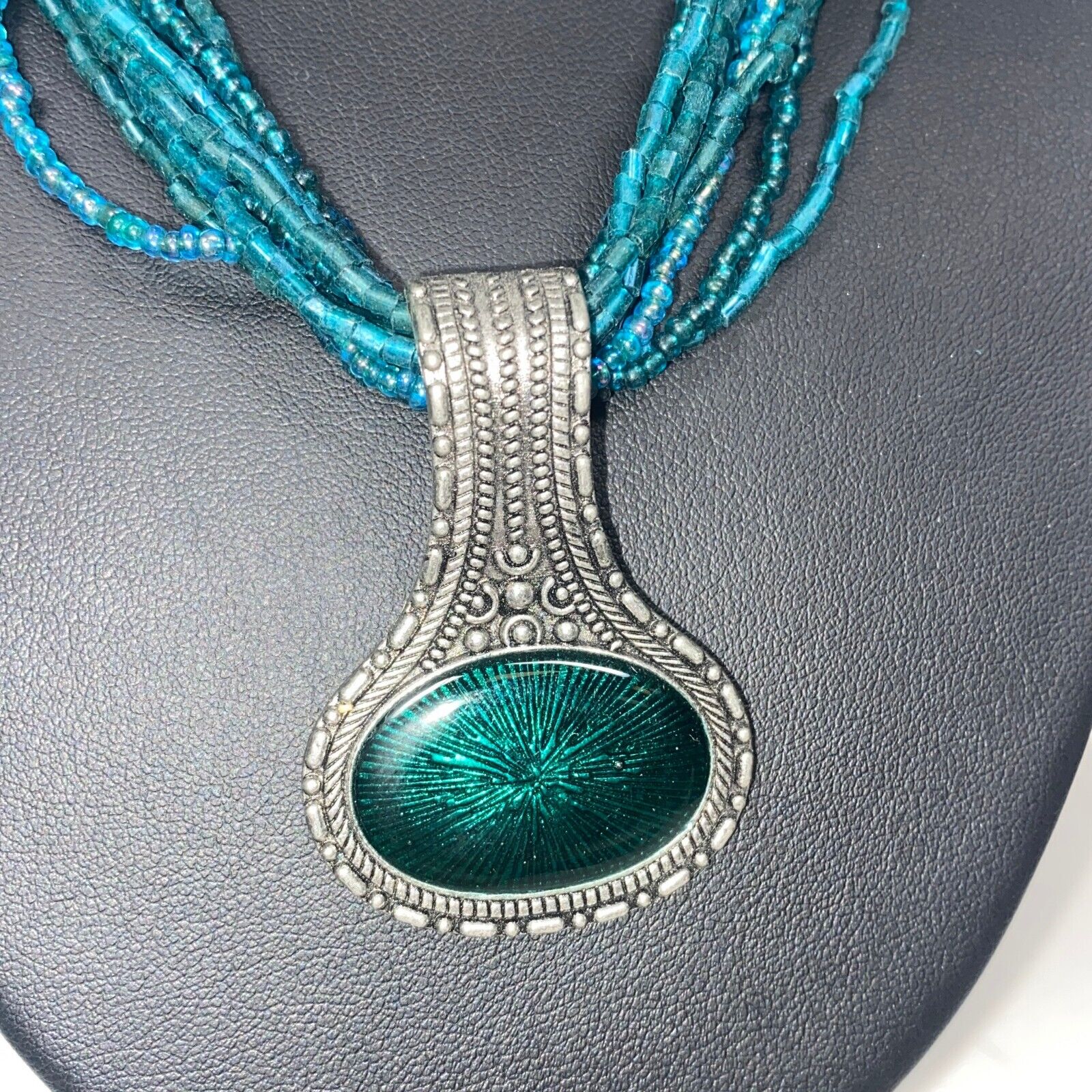 Fashion Jewelry Blue Green Seed Beads Multi Strand Pendant Necklace