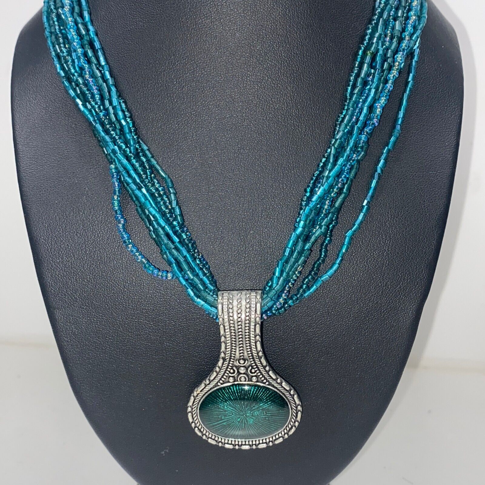 Fashion Jewelry Blue Green Seed Beads Multi Strand Pendant Necklace