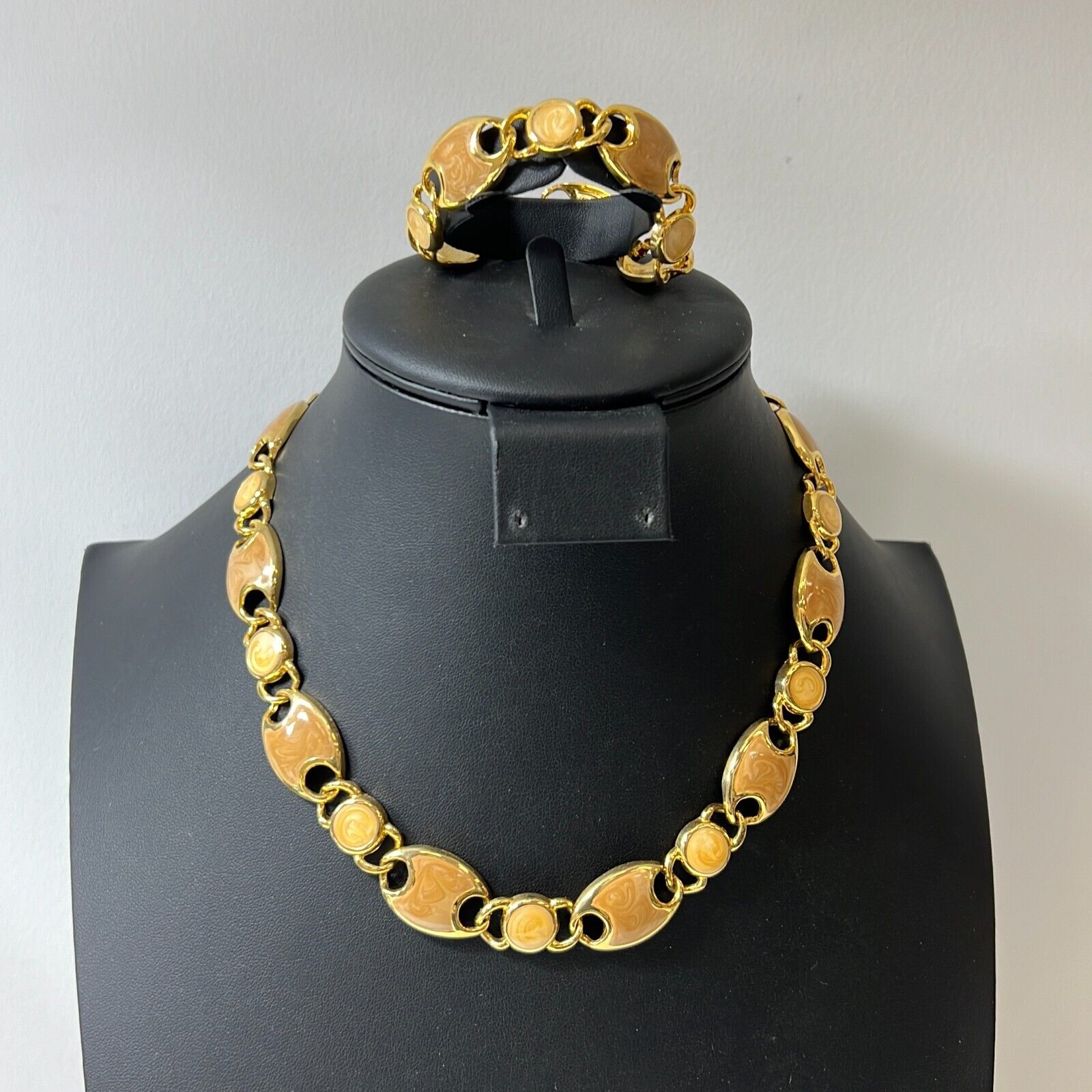Gold Tone Costume Enamel Chain Bracelet And Necklace Jewelry Set