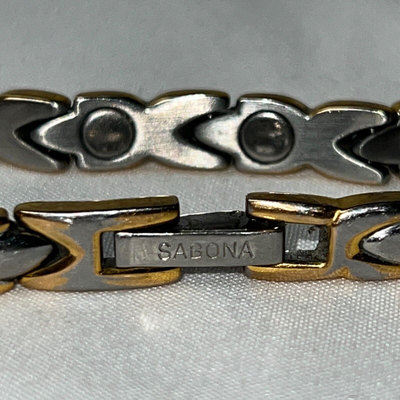 Sabona Two Tone Stainless Steel Foldover Clasp Costume Magnetic Bracelet 7.75"