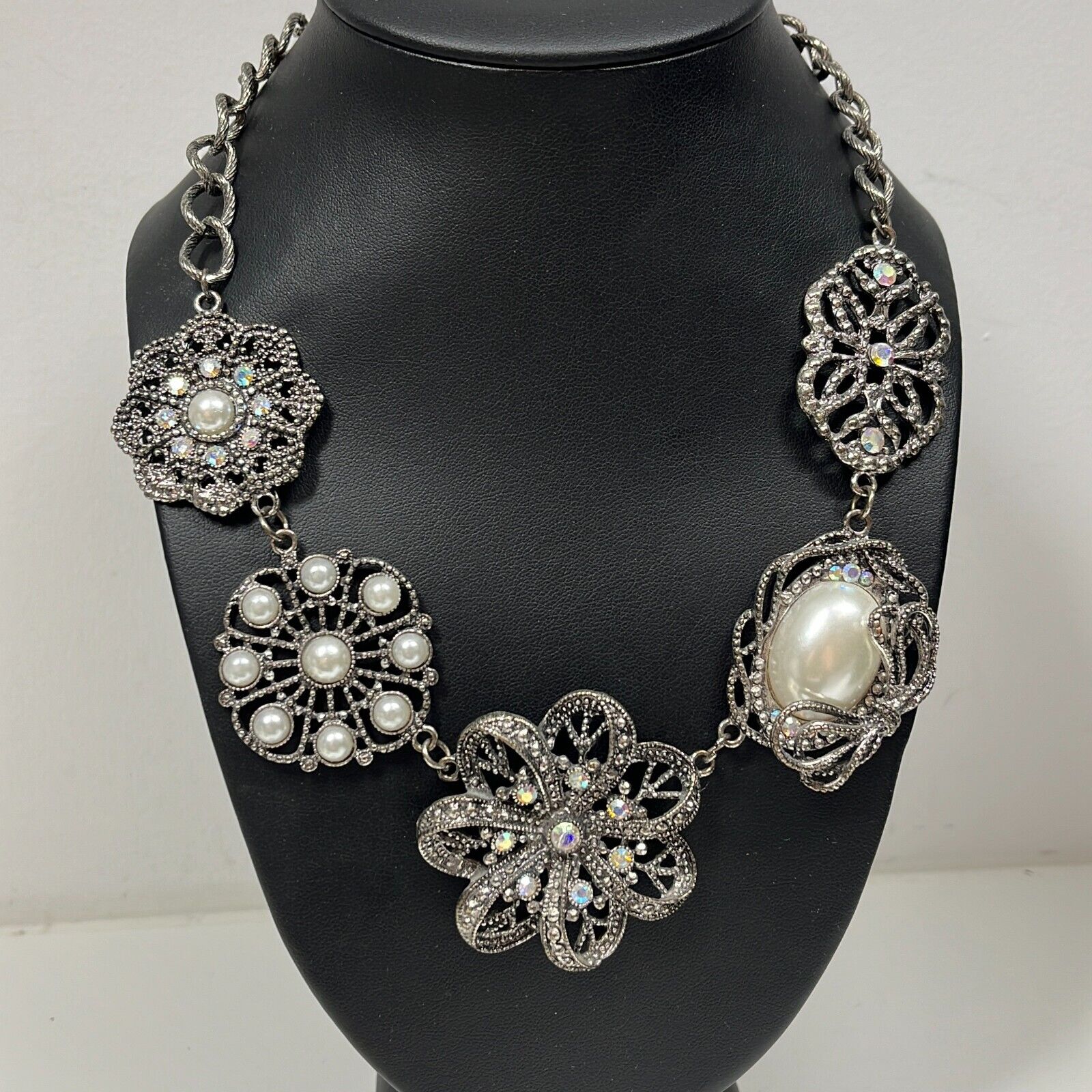 Silver Tone Faux Pearl Floral Adjustable Statement Necklace