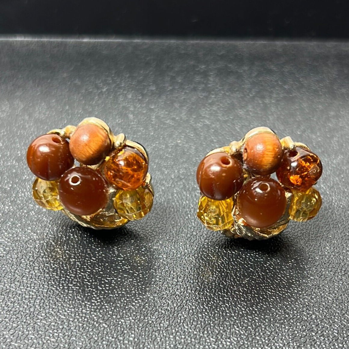 ART Gold Tone Brown Stones Floral Costume Jewelry Clip-On Earrings