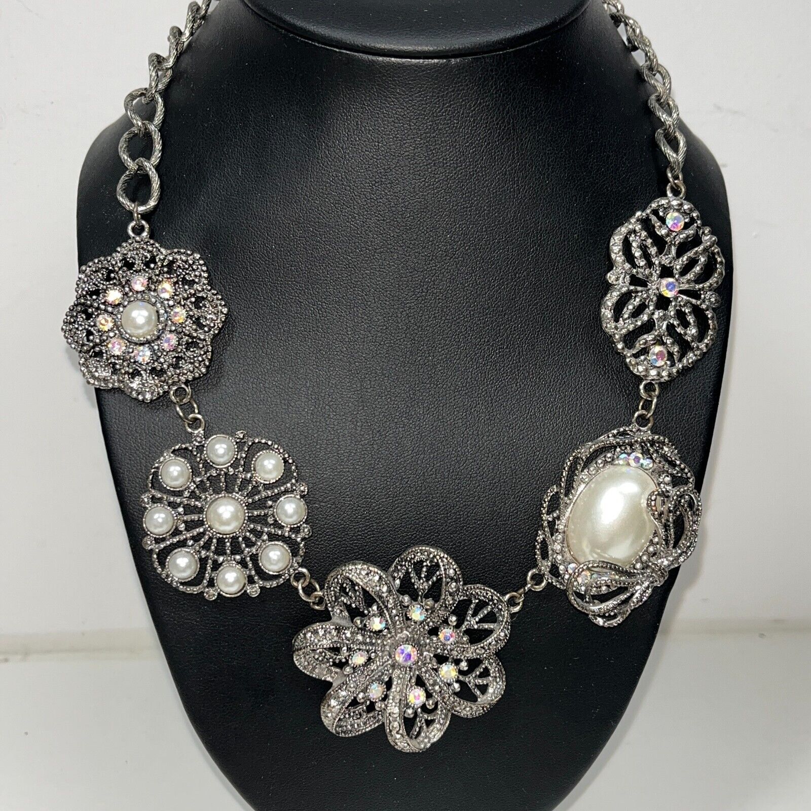 Silver Tone Faux Pearl Floral Adjustable Statement Necklace