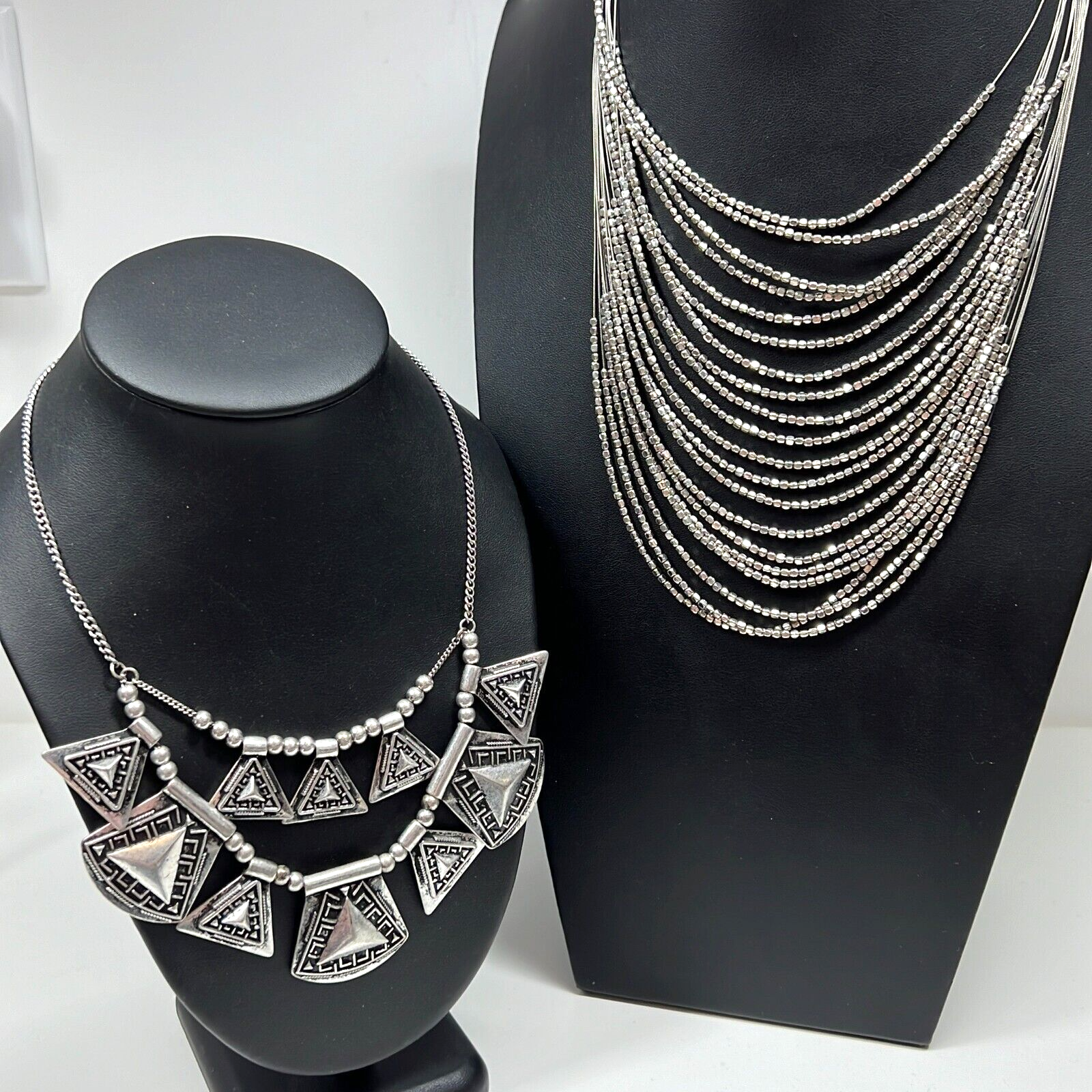 Lot Of 2 Costume Jewelry Silver Tone Multi Strand Layered Necklace