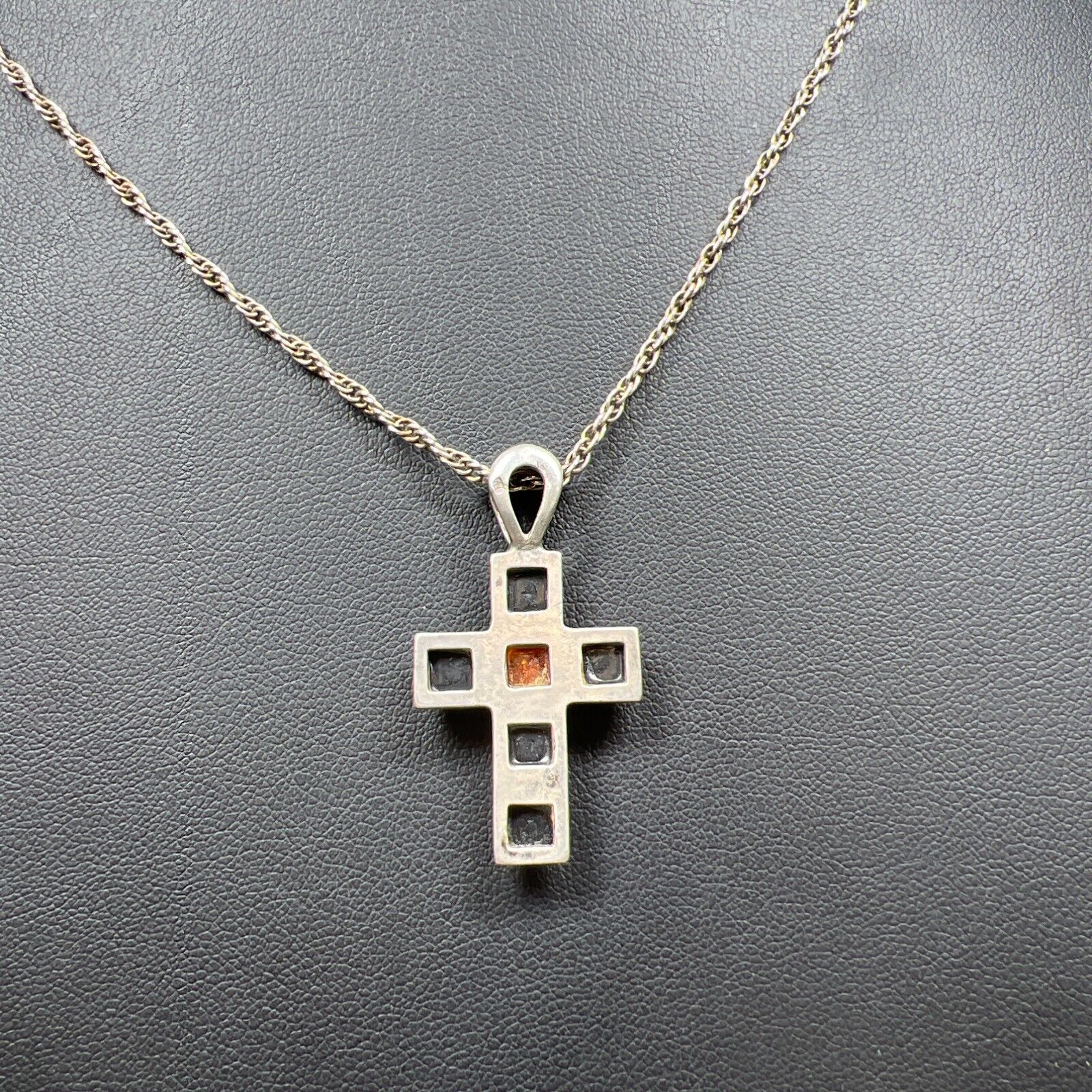 925 Sterling Silver Amber Cross Pendant Chain Necklace 9.97g