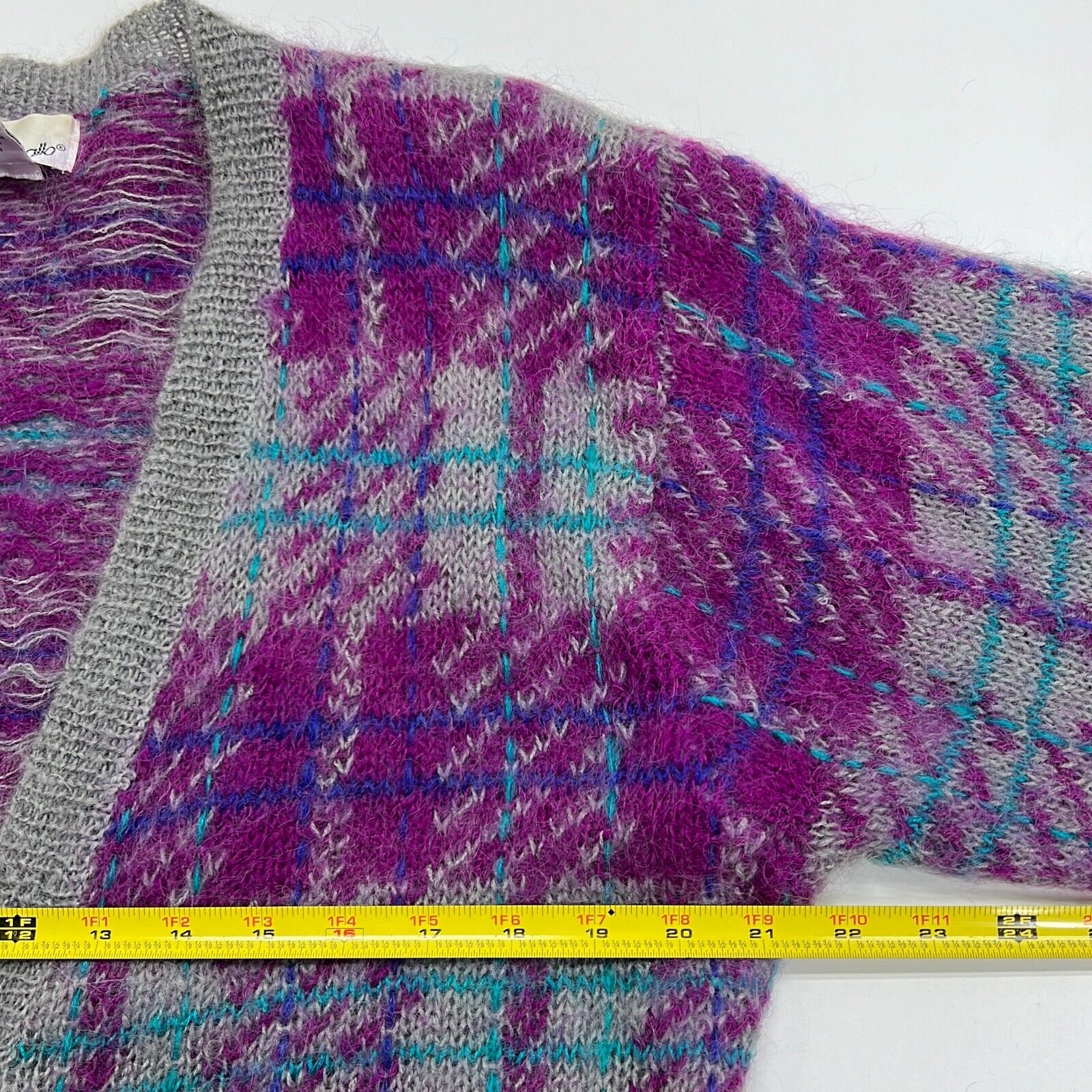 Pappagallo Women's Purple Gray Plaid Long Sleeve Cardigan Sweater Size Medium