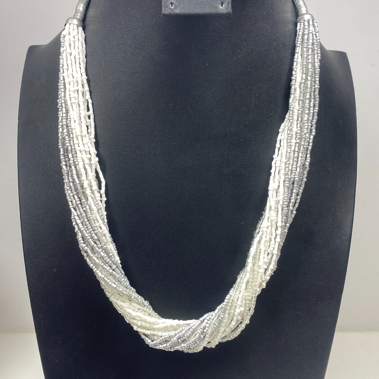 Silver Tone  Adjustable Multi Strand Twisted Seed Beaded Necklace