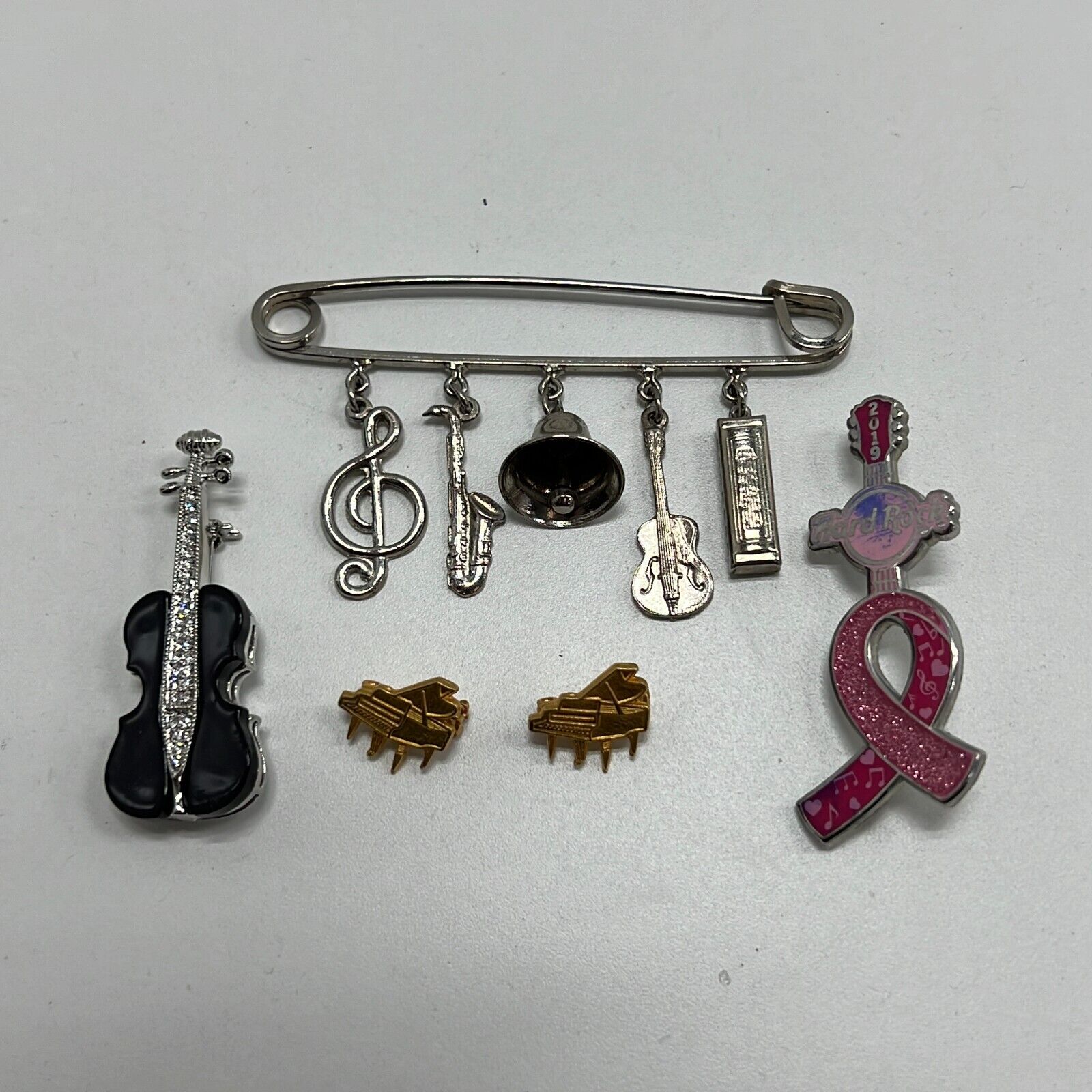 Lot Of Costume Jewelry Silver Gold Tone Violin Musical Instrument Pin Brooch