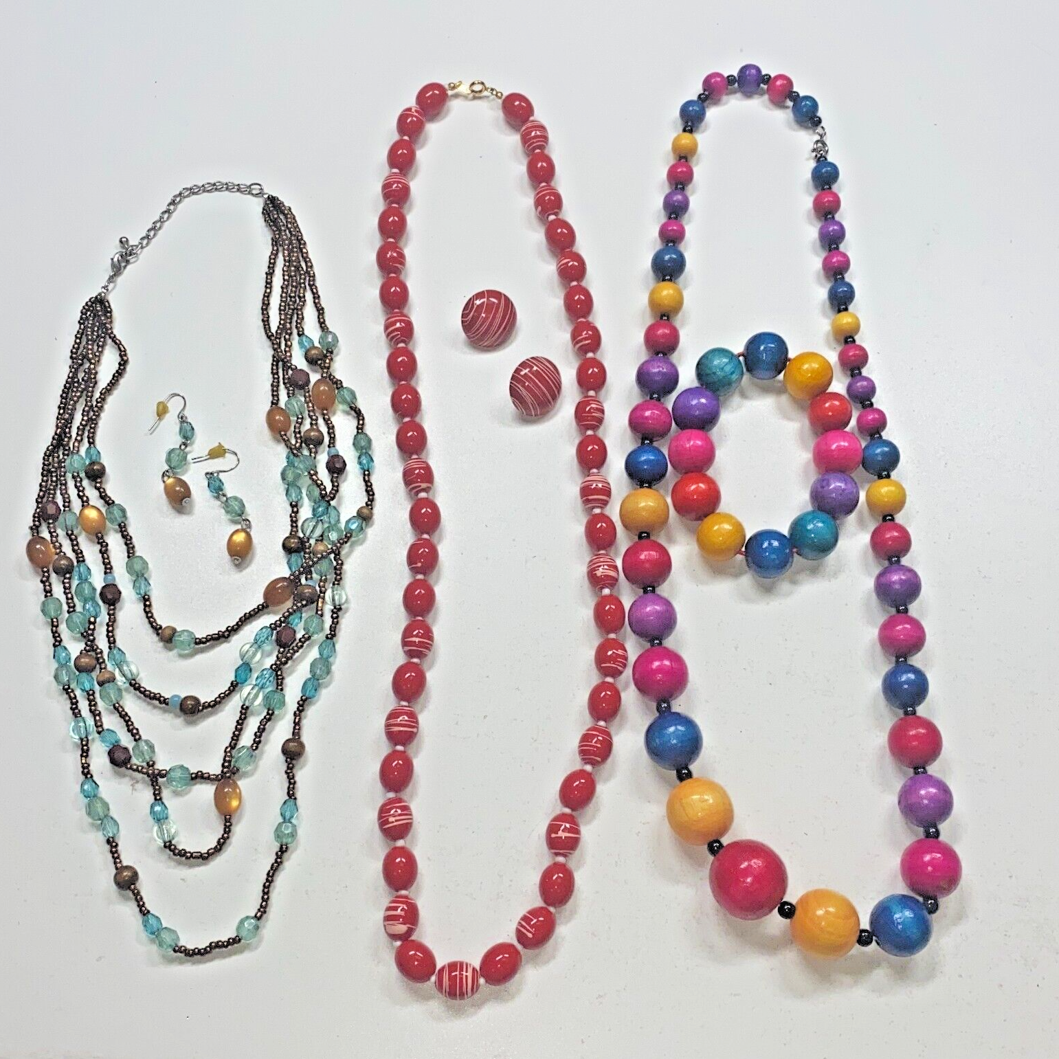 Set Of 3 Multicolor Beaded Necklace Stud Dangle Earrings And Bracelet