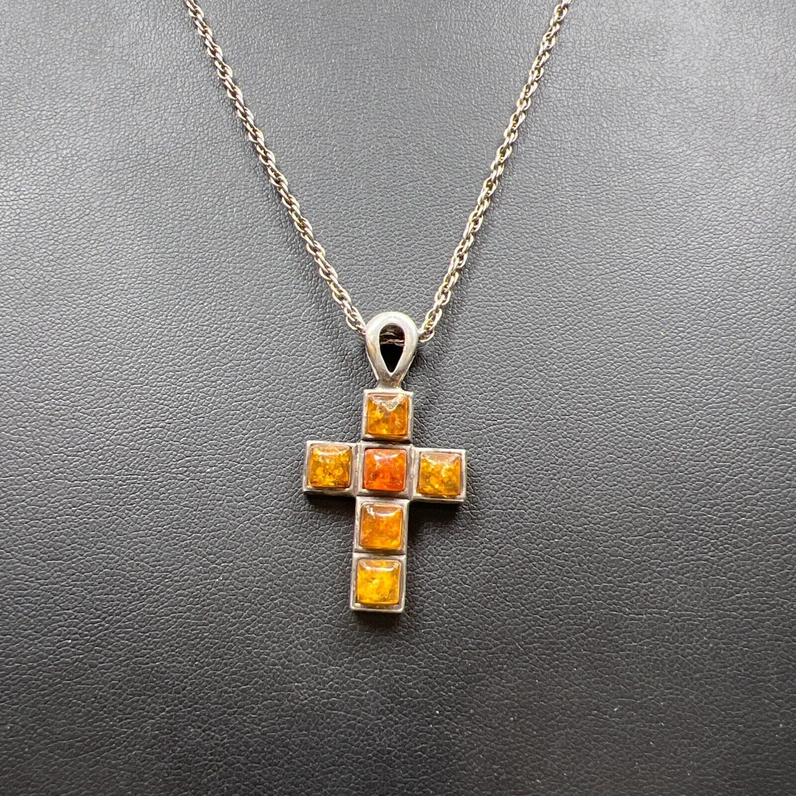 925 Sterling Silver Amber Cross Pendant Chain Necklace 9.97g