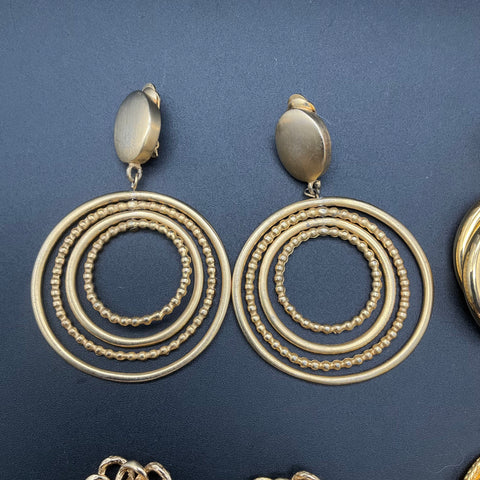 Vintage Gold Tone Clip On Earrings Lot 5 Pairs Chunky 1980s Retro Fashion