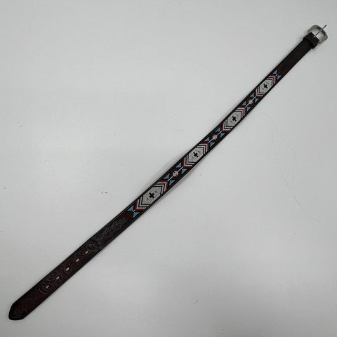 3D Belt Co Brown Hand Tooled Leather Beaded Western Belt Silver Buckle Sz 38