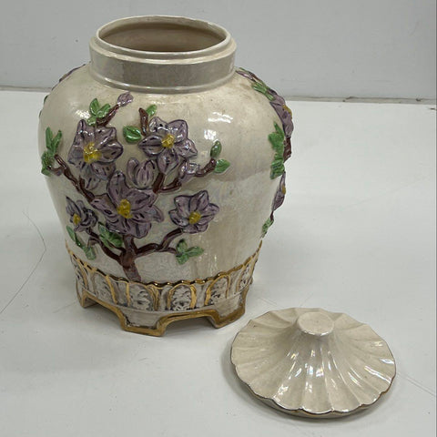 Vintage Lidded Ginger Jar Urn 3D Purple Flowers Gold Trim Lusterware 12.5"