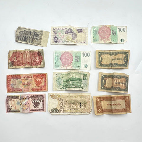 International Banknote Lot Mixed World Currency 12 Pieces Vintage