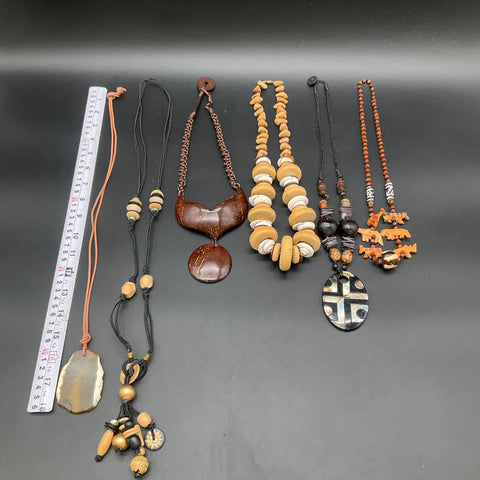 Vintage Boho Jewelry Lot 6 Necklaces Wood Shell Agate Tribal Ethnic Statement